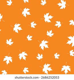 Abstract seamless pattern of falling maple leaves in white. Autumn background