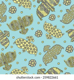 Abstract seamless pattern with fantastic bird and flowers on blue background, fabric or wrapper background