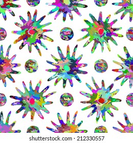 Abstract seamless pattern. Fantastic multicolor structure bizarre shapes, stars, splashes, circles, space, vector.