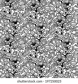 abstract seamless pattern with fantasy flowers, vector illustration, black and white version