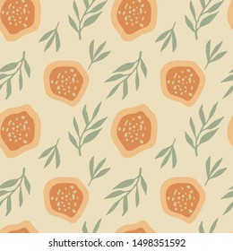 Abstract seamless pattern with fantasy fruits and leaves in beige, olive, orange colours. Modern print with hand drawn plants in sketch style. Modern textile, branding and packaging,wrapping paper.