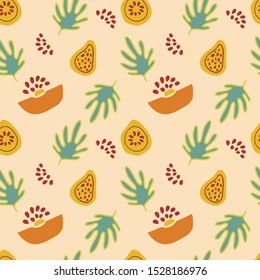 Abstract seamless pattern with fantasy fruits and leaves in beige, green, orange colours. Modern print with hand drawn plants in sketch style. Modern textile, branding and packaging,wrapping paper.