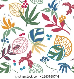 Abstract seamless pattern with fantasy leaves. Hand draw texture. Vector template.
