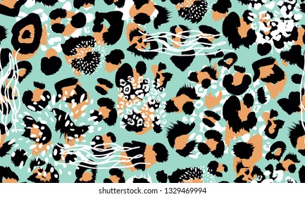 Abstract seamless pattern with fashion animal print and artistic brush. Vector illustration for textile, fabric, wrapping paper, background, packaging.