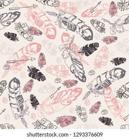 Abstract seamless pattern with feathers and  beads on white background. Hand drawn background for design and decoration textile, covers, package, wrapping paper.