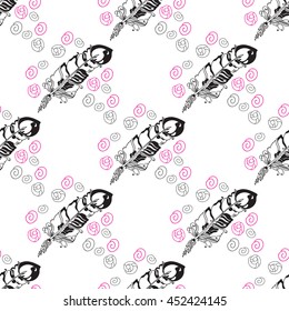 Abstract seamless pattern with feathers  on white background. Hand drawn backdrop for wallpaper, design and decoration textile, covers, package, wrapping paper.
