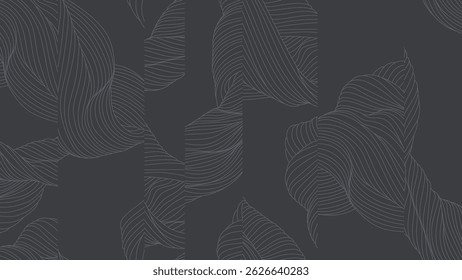 Abstract seamless pattern features flowing, organic lines in a light gray on a muted dark gray background. The lines create a sense of  movement and volume