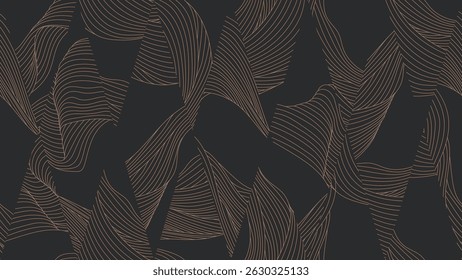 Abstract seamless pattern features flowing, organic lines in a light brown on a muted dark gray background. The lines create a sense of  movement and volume