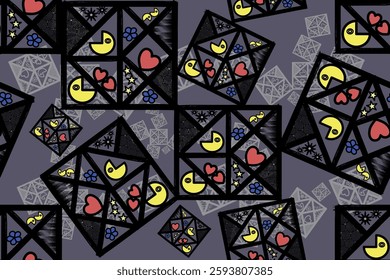 abstract seamless pattern features a playful and abstract geometric composition overlapping squares and triangles cartoonish and symbolic elements
