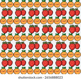 Abstract  seamless pattern featuring adorable kawaii-style strawberries and oranges with smiling faces on a white background. Vector Illustration