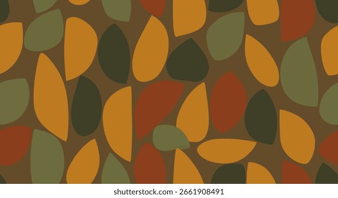 Abstract seamless pattern featuring an array of organic, leaf-like shapes in autumnal hues of orange, brown, and green.  The design is repetitive and visuall...