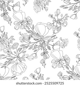 An Abstract Seamless Pattern Featuring Black outline flowers on a Clean White Background