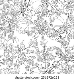 An Abstract Seamless Pattern Featuring Black outline flowers on a Clean White Background