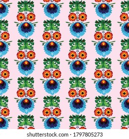 An abstract seamless pattern featuring colorful floral elements arranged to resemble a face with eyes, nose, hair, mouth. Suitable for kids' items, wallpapers, nursery, interior decor, textile, fabric
