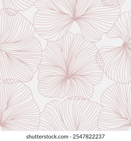 Abstract seamless pattern featuring delicate, pink flowers. The flowers are drawn with thin, flowing lines, creating a soft and romantic aesthetic in pink on a light gray background