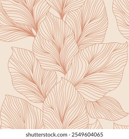 Abstract seamless pattern featuring delicate, coral-colored leaves in a minimalist line art style against a light orange background