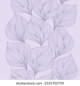 Abstract seamless pattern featuring delicate, muted purple leaves in a minimalist line art style against a light purple background