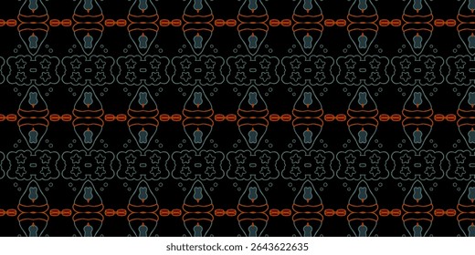 Abstract seamless pattern featuring geometric shapes, candle motifs, and intricate details in black and orange. Ideal for art, backgrounds, and textiles.