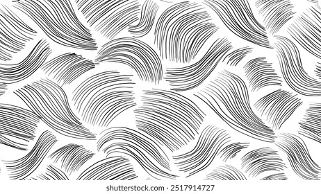 Abstract seamless pattern featuring hand-drawn organic shapes with black strokes line art on a white background