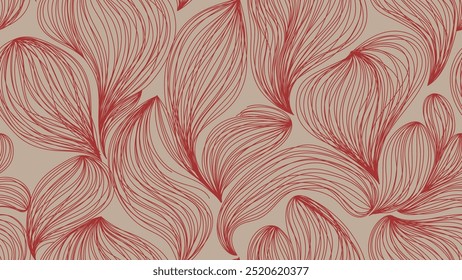 Abstract seamless pattern featuring hand-drawn organic shapes with red strokes line art on a brown background