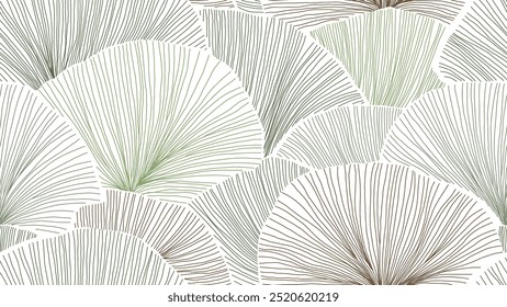 Abstract seamless pattern featuring abstract leaves with fine lines radiating outward with the earthy tones of green and brown on white background