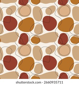 Abstract seamless pattern featuring organic, fluid shapes in warm terracotta, brown, and beige tones with a continuous black wavy line. Great for modern and minimalist backgrounds or textiles