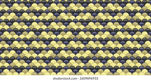 Abstract seamless pattern featuring overlapping semicircles in muted gold and dark blue, creating a stylish geometric design.  Ideal for backgrounds, textures, website design, or fashion prints.