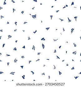 Abstract seamless pattern featuring scattered, small, hand-drawn brush stroke fragments in deep indigo blue on a clean white background. Modern, random, confetti-like surface design.
