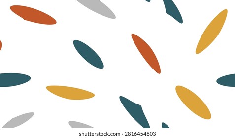 Abstract seamless pattern featuring scattered organic oblong shapes in terracotta, teal, ochre, and grey on a white background. Ideal for textile design, wallpaper, and minimalist decor.