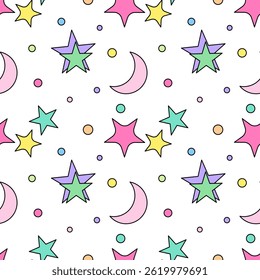 Abstract seamless pattern featuring stars, crescent moons, and circles in pastel of different tones naive style on a white background. Cartoon starry and lunar space sky for kids, nursery, wallpaper.