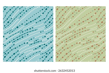 An abstract seamless pattern featuring wavy lines made of dots in teal, white, and blue shades. Great for backgrounds, fabric design, tech themes, abstract wavy dot seamless patterns in blue tones.