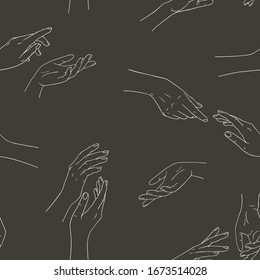 Abstract seamless pattern with female hands. Black and white. Outline drawing.