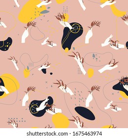 Abstract seamless pattern with female hands holding  branches with leaves and plants, lines and round shapes. Delicate terracotta color, white, nuvy blue and yellow.