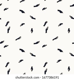 Abstract seamless pattern with female hands. Golden outline and navy blue color on white.