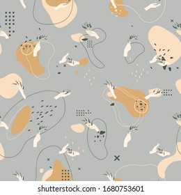 Abstract seamless pattern with female hands holding  branches with leaves and plants, lines and round shapes. Delicate skin color, beige and gaey.