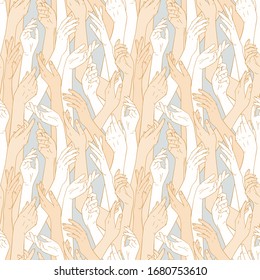 Abstract seamless pattern with female hands. Hands up. Delicate, pastel colors, soft gray and beige. 