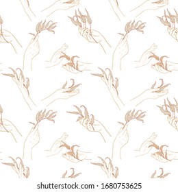 Abstract seamless pattern with female hands holding  branches with leaves. Delicate skin color, white, beige and terracotta.