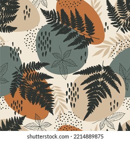 Abstract seamless pattern with fern leaves. Vector background for various surface. Trendy hand drawn textures.