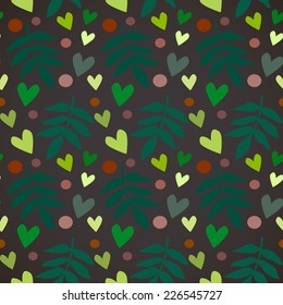 Abstract seamless pattern with fern leaves and hearts. Nature theme.