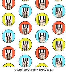 Abstract seamless pattern with fingers and piano keys inside ellipses. For printing, fabric, postcards or web icons