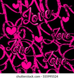 abstract seamless pattern fire girl, fashion textile, clothes, wrapping paper on holidays Valentine day. cute funny girlish repeated  backdrop on pink and black background, with calligraphic text Love