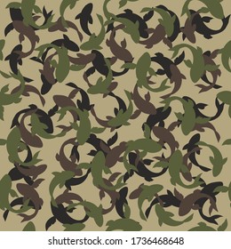 Abstract seamless pattern with fish. Koi carps with military colors.