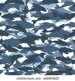 Abstract seamless pattern with fish. military monochrome repeated backdrop for boy, textile, fishing clothes, wrapping paper. Blue and white background. 