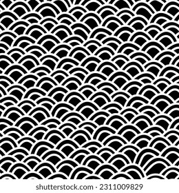 Abstract seamless pattern with fish scales. Hand drawn black and white vector illustration. 