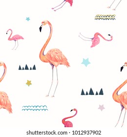 Abstract seamless pattern with flamingo. Summer tropical design. Watercolor vector illustration