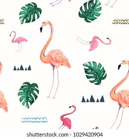 Abstract seamless pattern with flamingo. Summer tropical design. Vector illustration. Watercolor style