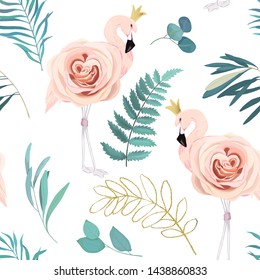 Abstract seamless pattern with flamingos, roses and eucalyptus branches. Watercolor summer print. Vector illustration
