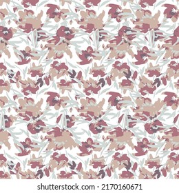 Abstract seamless pattern with floral background. Brown and beige flowers with leaves on white background.