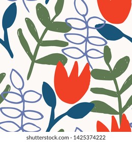 Abstract seamless pattern with floral and botanical shapes in blue, red and green on white background.
