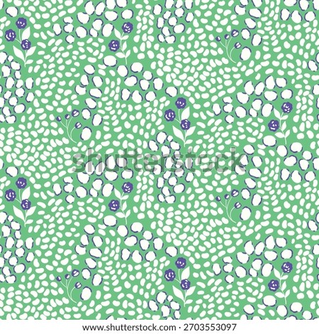 Abstract seamless pattern with a floral design, doodle animal skin print. Small hand drawn leopard spots, tiny cute flowers on a green background. Modern fashion textile print. Vector illustration.